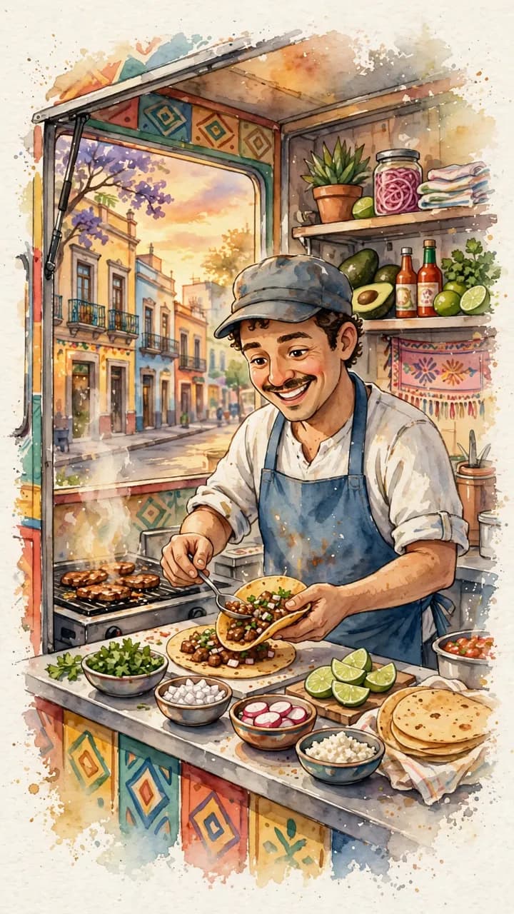 Estilo Acuarela: un taquero en su food truck